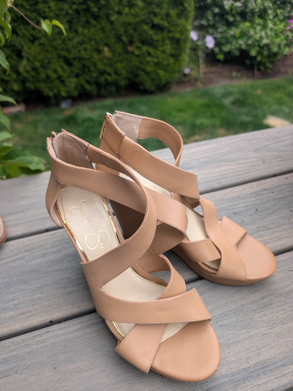 Jessica Simpson Nude Tan Leather Wedge Sandals